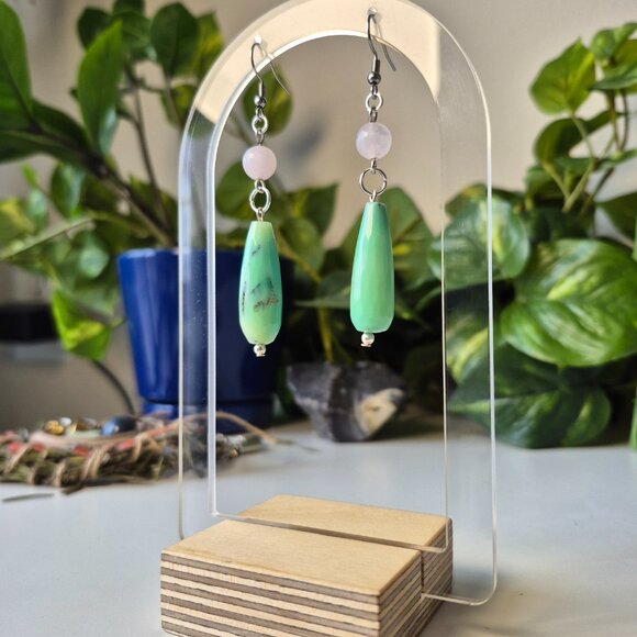 GREEN OPAL Handmade Earrings with Rose Quartz - Picture 3 of 8